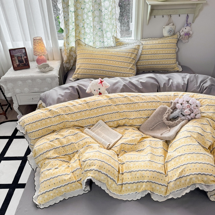 91家纺网 家纺一手货源 找家纺 富米莱（原臻工厂） 2026新款A类仿棉古法水洗棉法式全棉花边四件套海盐奶酪