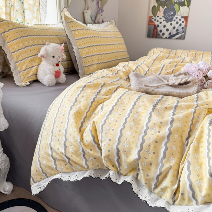 91家纺网 家纺一手货源 找家纺 富米莱（原臻工厂） 2026新款A类仿棉古法水洗棉法式全棉花边四件套海盐奶酪