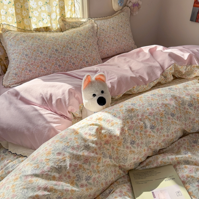 91家纺网 家纺一手货源 找家纺 富米莱（原臻工厂） 2026新款A类仿棉古法水洗棉法式全棉花边四件套花千朵