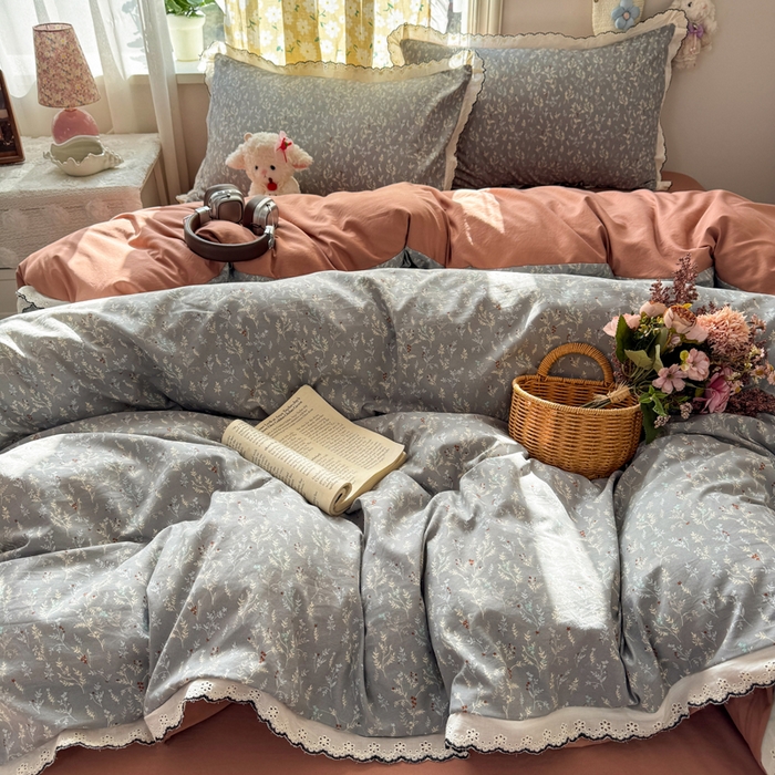 91家纺网 家纺一手货源 找家纺 富米莱（原臻工厂） 2026新款A类仿棉古法水洗棉法式全棉花边四件套灰棠