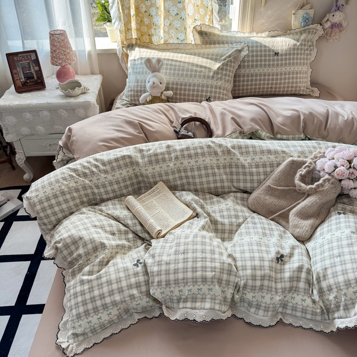 91家纺网 家纺一手货源 找家纺 富米莱（原臻工厂） 2026新款A类仿棉古法水洗棉法式全棉花边四件套梦幻格趣