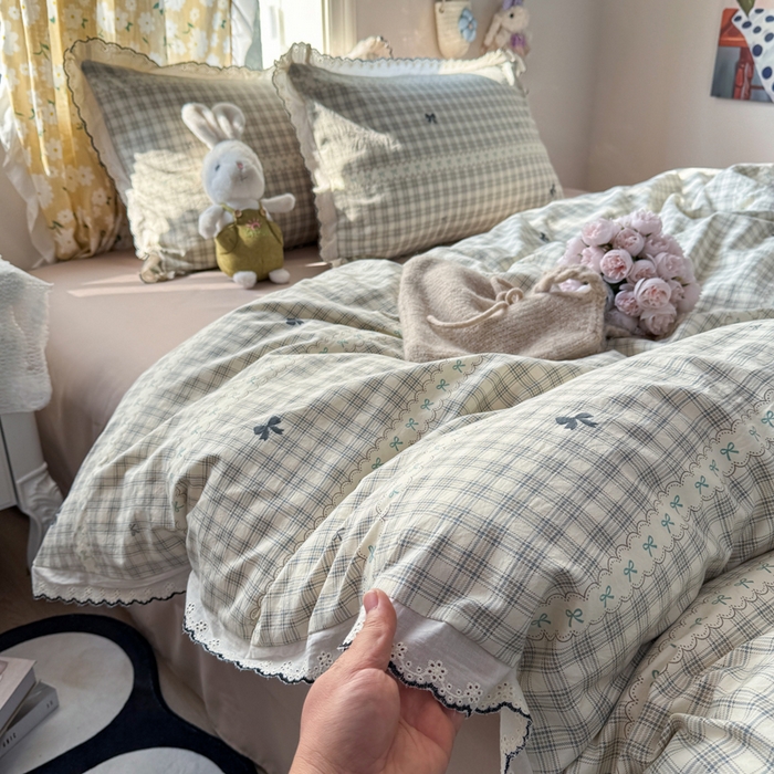 91家纺网 家纺一手货源 找家纺 富米莱（原臻工厂） 2026新款A类仿棉古法水洗棉法式全棉花边四件套梦幻格趣