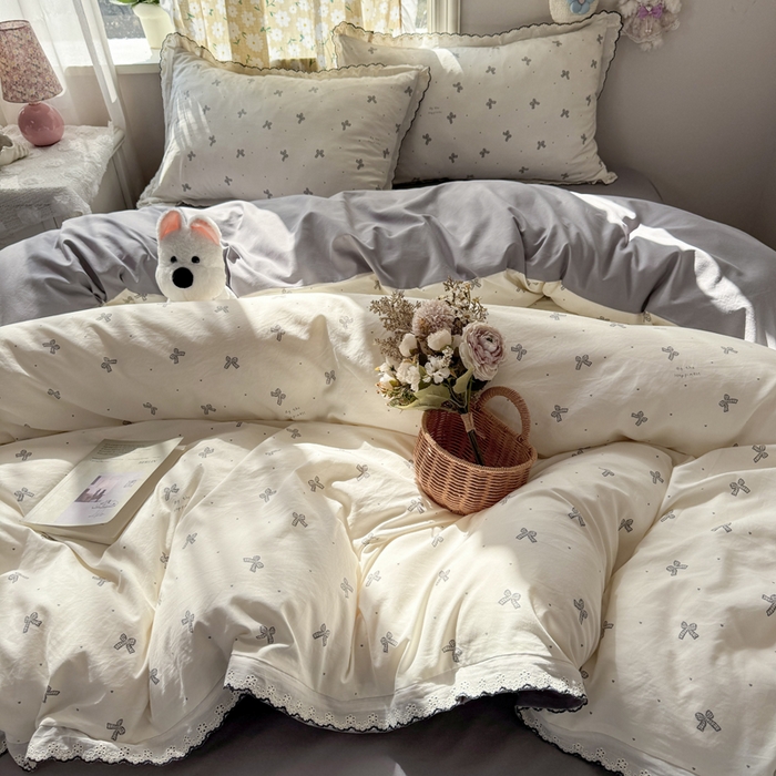 91家纺网 家纺一手货源 找家纺 富米莱（原臻工厂） 2026新款A类仿棉古法水洗棉法式全棉花边四件套梦幻灰