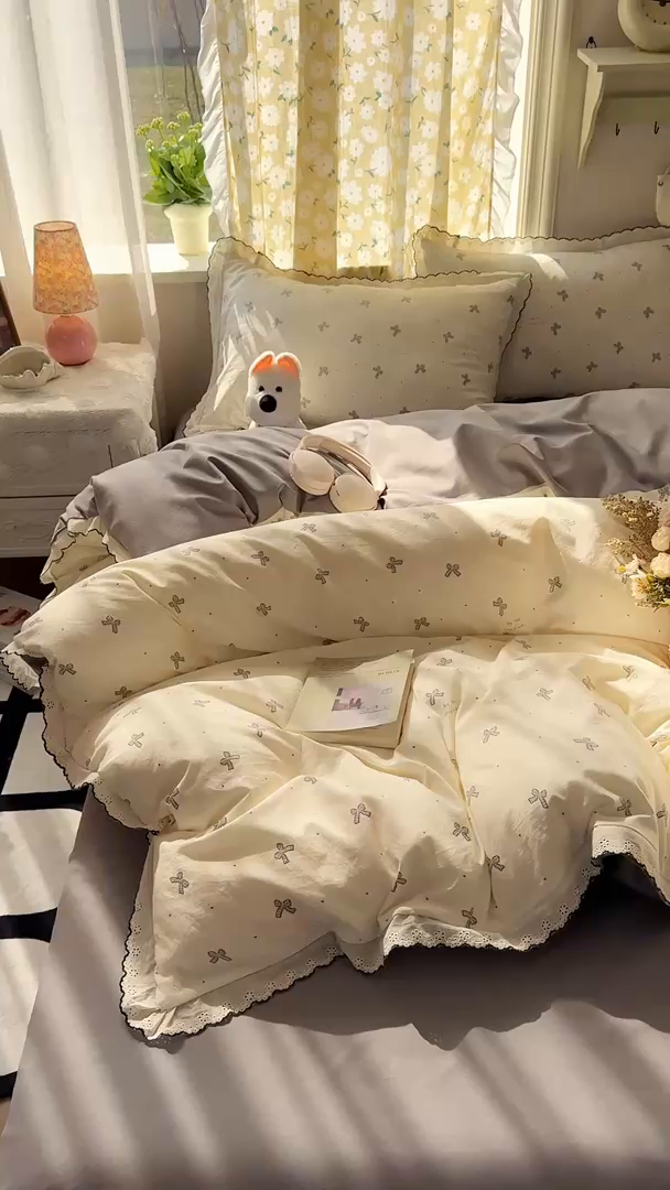 91家纺网 家纺一手货源 找家纺 富米莱（原臻工厂） 2026新款A类仿棉古法水洗棉法式全棉花边四件套梦幻灰