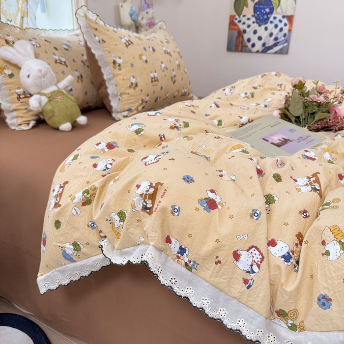 91家纺网 家纺一手货源 找家纺 富米莱（原臻工厂） 2026新款A类仿棉古法水洗棉法式全棉花边四件套奶萌喵咖