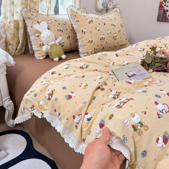 91家纺网 家纺一手货源 找家纺 富米莱（原臻工厂） 2026新款A类仿棉古法水洗棉法式全棉花边四件套奶萌喵咖