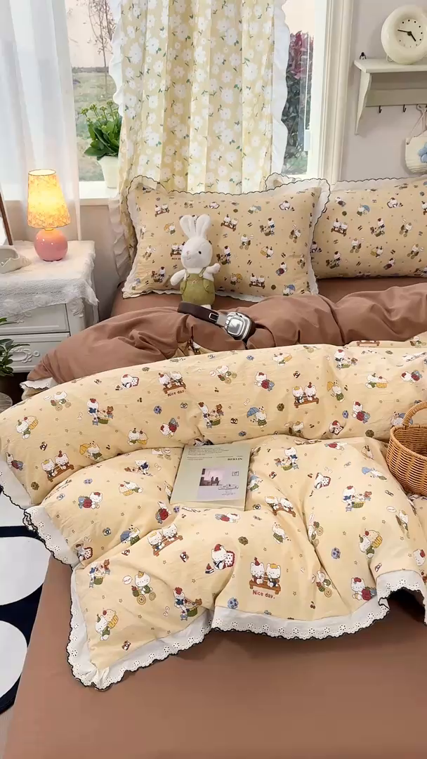 91家纺网 家纺一手货源 找家纺 富米莱（原臻工厂） 2026新款A类仿棉古法水洗棉法式全棉花边四件套奶萌喵咖