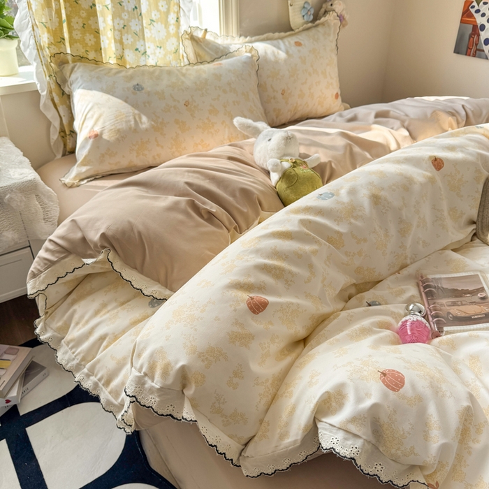 91家纺网 家纺一手货源 找家纺 富米莱（原臻工厂） 2026新款A类仿棉古法水洗棉法式全棉花边四件套南瓜童话