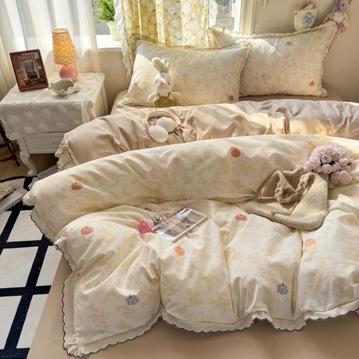 91家纺网 家纺一手货源 找家纺 富米莱（原臻工厂） 2026新款A类仿棉古法水洗棉法式全棉花边四件套南瓜童话