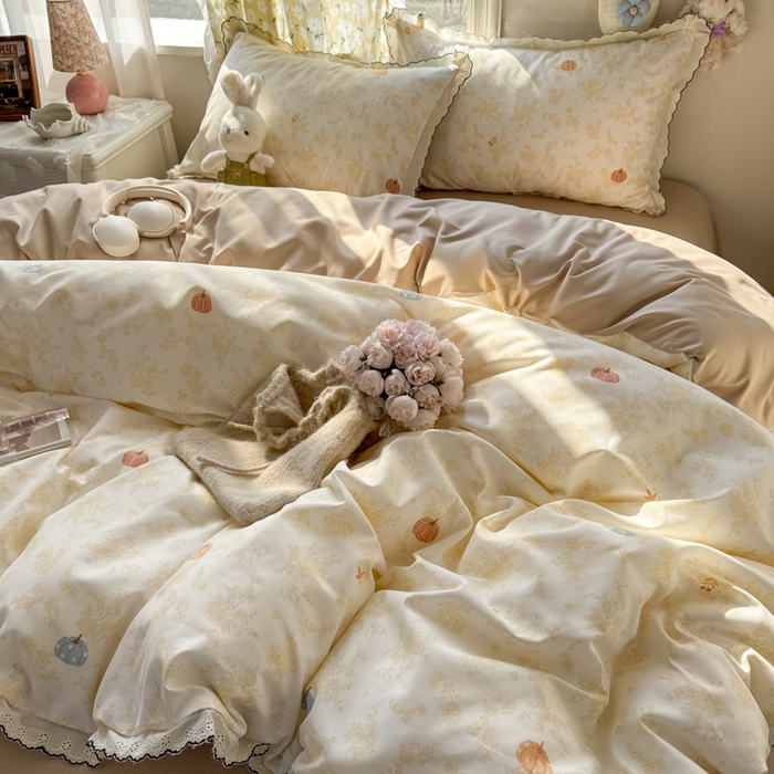 91家纺网 家纺一手货源 找家纺 富米莱（原臻工厂） 2026新款A类仿棉古法水洗棉法式全棉花边四件套南瓜童话