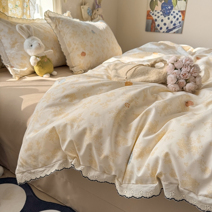 91家纺网 家纺一手货源 找家纺 富米莱（原臻工厂） 2026新款A类仿棉古法水洗棉法式全棉花边四件套南瓜童话