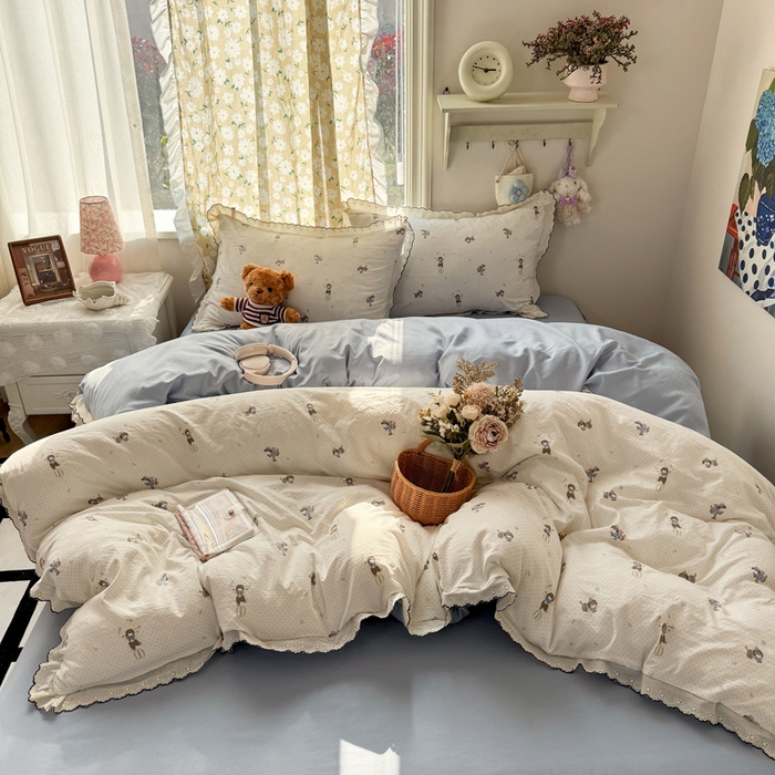 富米莱（原臻工厂） 2026新款A类仿棉古法水洗棉法式全棉花边四件套俏皮狗