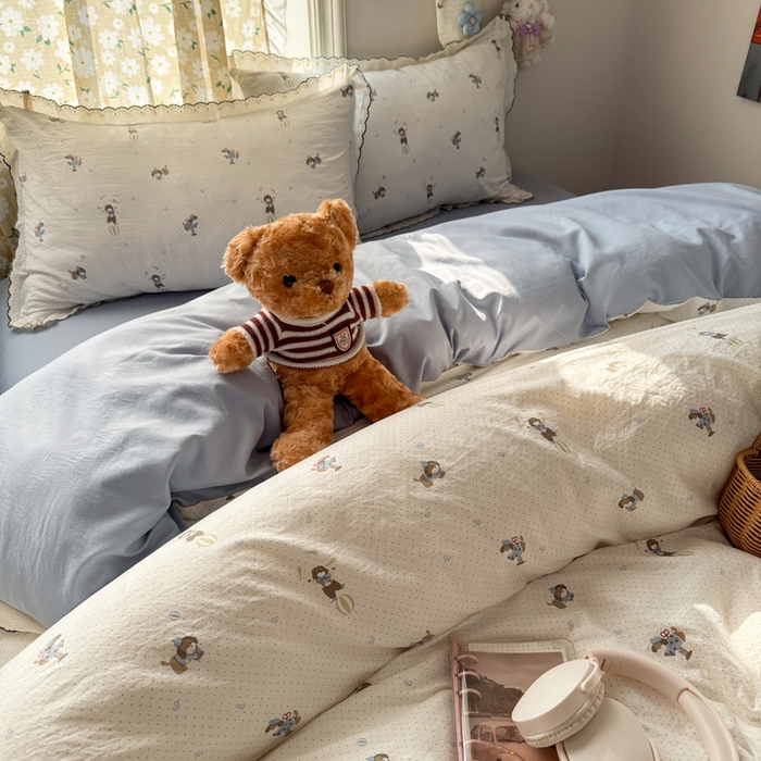 91家纺网 家纺一手货源 找家纺 富米莱（原臻工厂） 2026新款A类仿棉古法水洗棉法式全棉花边四件套俏皮狗