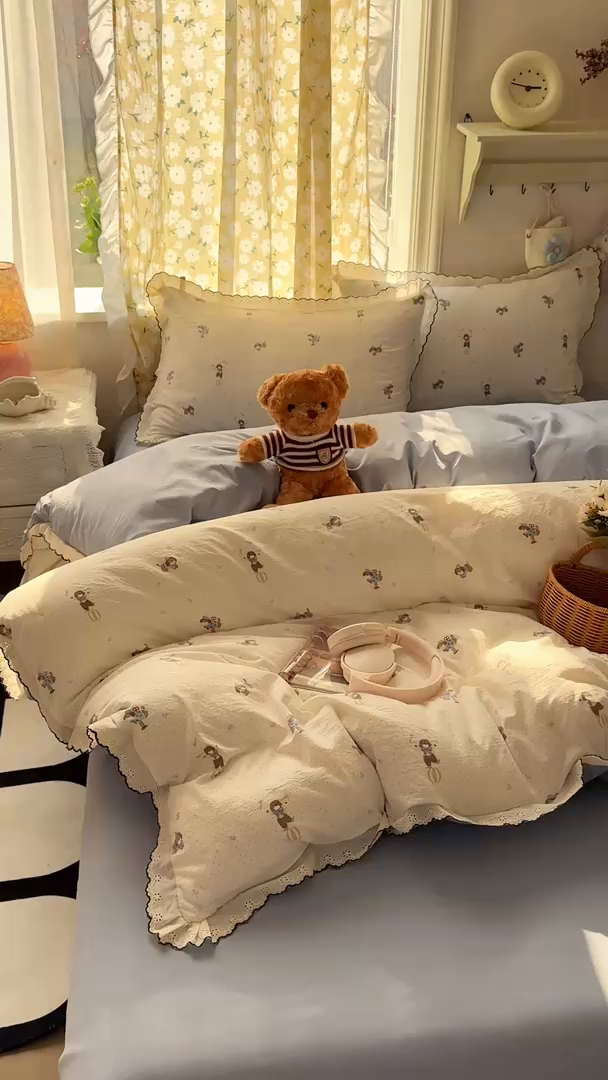 91家纺网 家纺一手货源 找家纺 富米莱（原臻工厂） 2026新款A类仿棉古法水洗棉法式全棉花边四件套俏皮狗