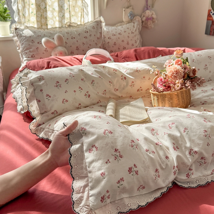 91家纺网 家纺一手货源 找家纺 富米莱（原臻工厂） 2026新款A类仿棉古法水洗棉法式全棉花边四件套疏影