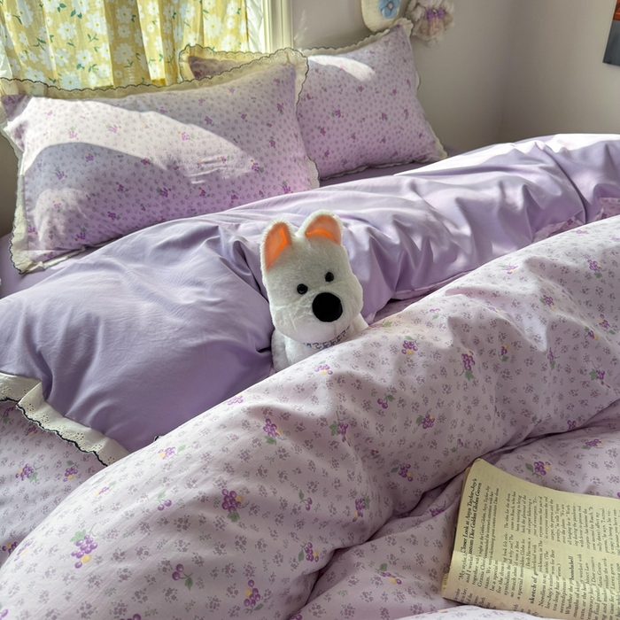 91家纺网 家纺一手货源 找家纺 富米莱（原臻工厂） 2026新款A类仿棉古法水洗棉法式全棉花边四件套水晶葡萄