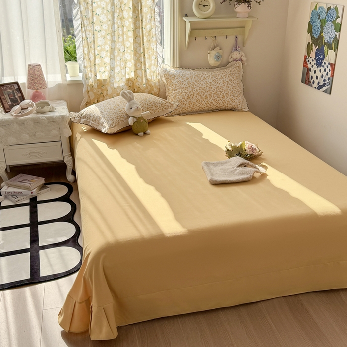 91家纺网 家纺一手货源 找家纺 富米莱（原臻工厂） 2026新款A类仿棉古法水洗棉法式全棉花边四件套小黄花