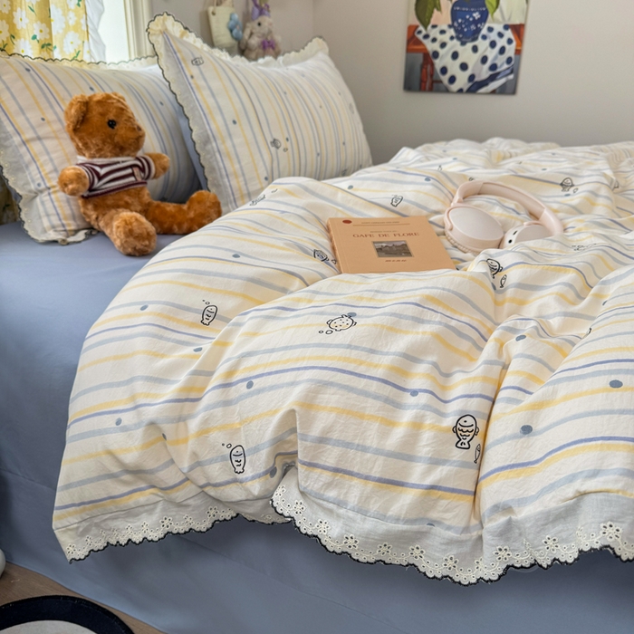 91家纺网 家纺一手货源 找家纺 富米莱（原臻工厂） 2026新款A类仿棉古法水洗棉法式全棉花边四件套鱼多多