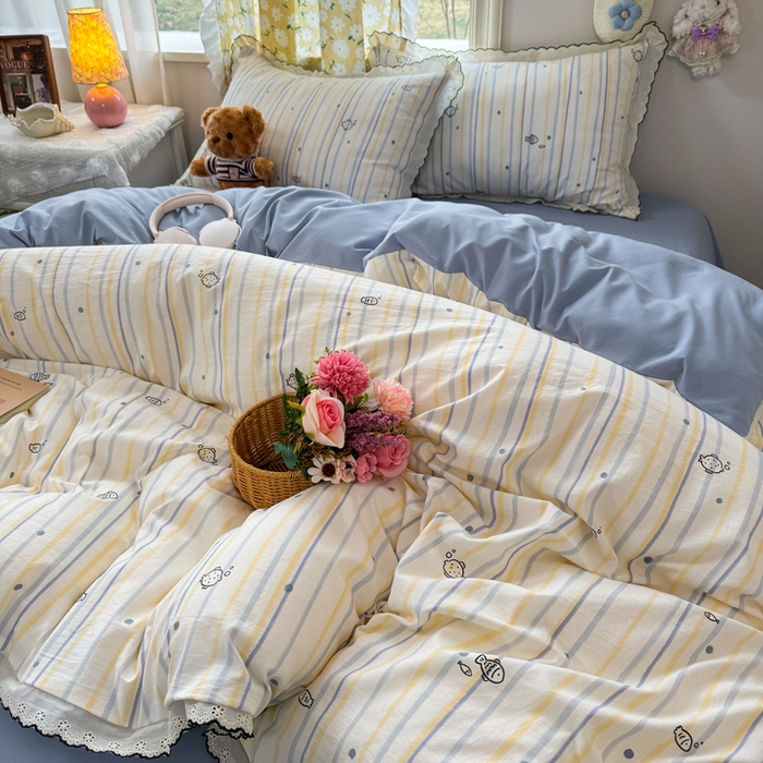 91家纺网 家纺一手货源 找家纺 富米莱（原臻工厂） 2026新款A类仿棉古法水洗棉法式全棉花边四件套鱼多多