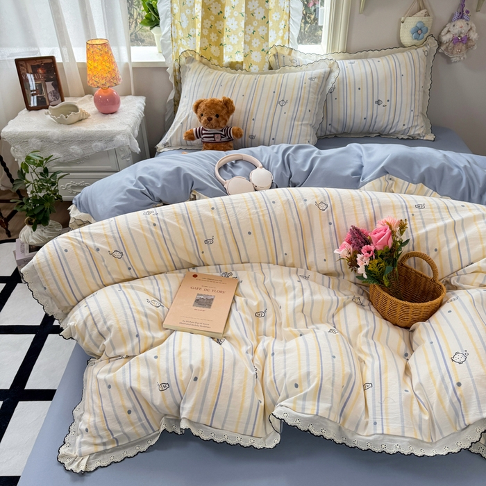 91家纺网 家纺一手货源 找家纺 富米莱（原臻工厂） 2026新款A类仿棉古法水洗棉法式全棉花边四件套鱼多多