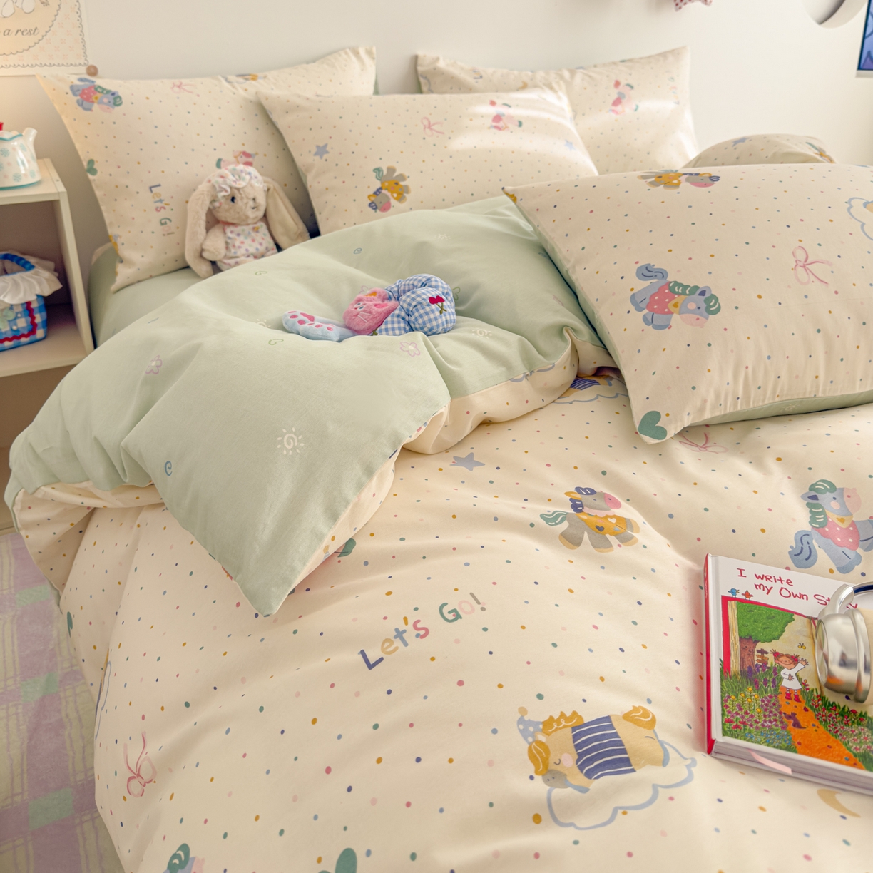 91家纺网 家纺一手货源 找家纺 沐辰 2026新款13070全棉纯棉印花四件套-萌趣 点点小马