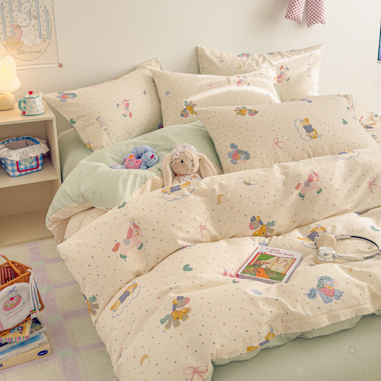 91家纺网 家纺一手货源 找家纺 沐辰 2026新款13070全棉纯棉印花四件套-萌趣 点点小马