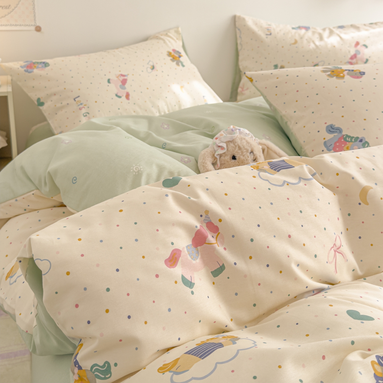 91家纺网 家纺一手货源 找家纺 沐辰 2026新款13070全棉纯棉印花四件套-萌趣 点点小马