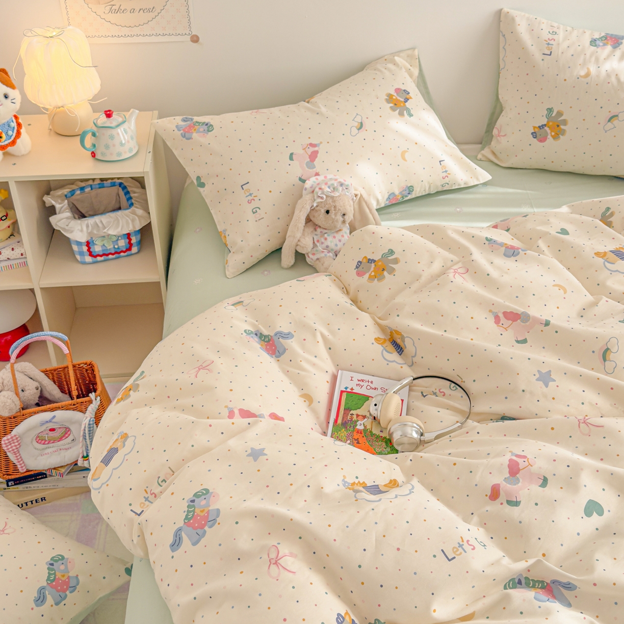 91家纺网 家纺一手货源 找家纺 沐辰 2026新款13070全棉纯棉印花四件套-萌趣 点点小马