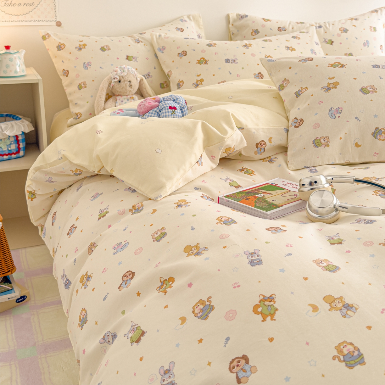 91家纺网 家纺一手货源 找家纺 沐辰 2026新款13070全棉纯棉印花四件套-萌趣 动物城