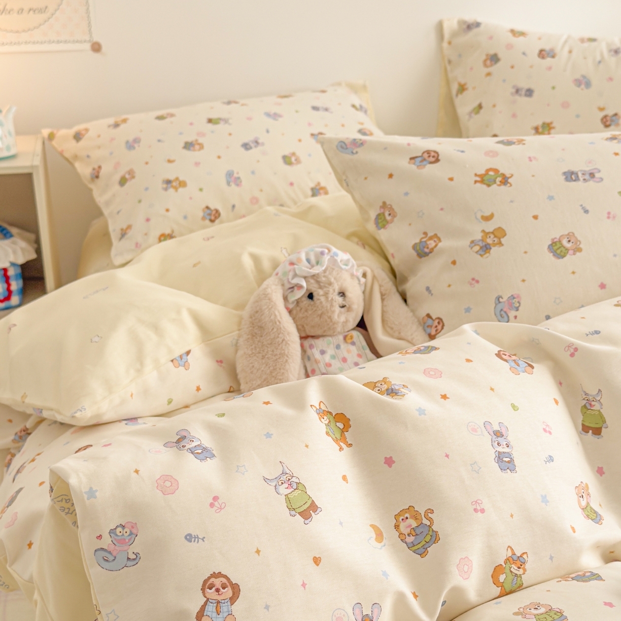 91家纺网 家纺一手货源 找家纺 沐辰 2026新款13070全棉纯棉印花四件套-萌趣 动物城