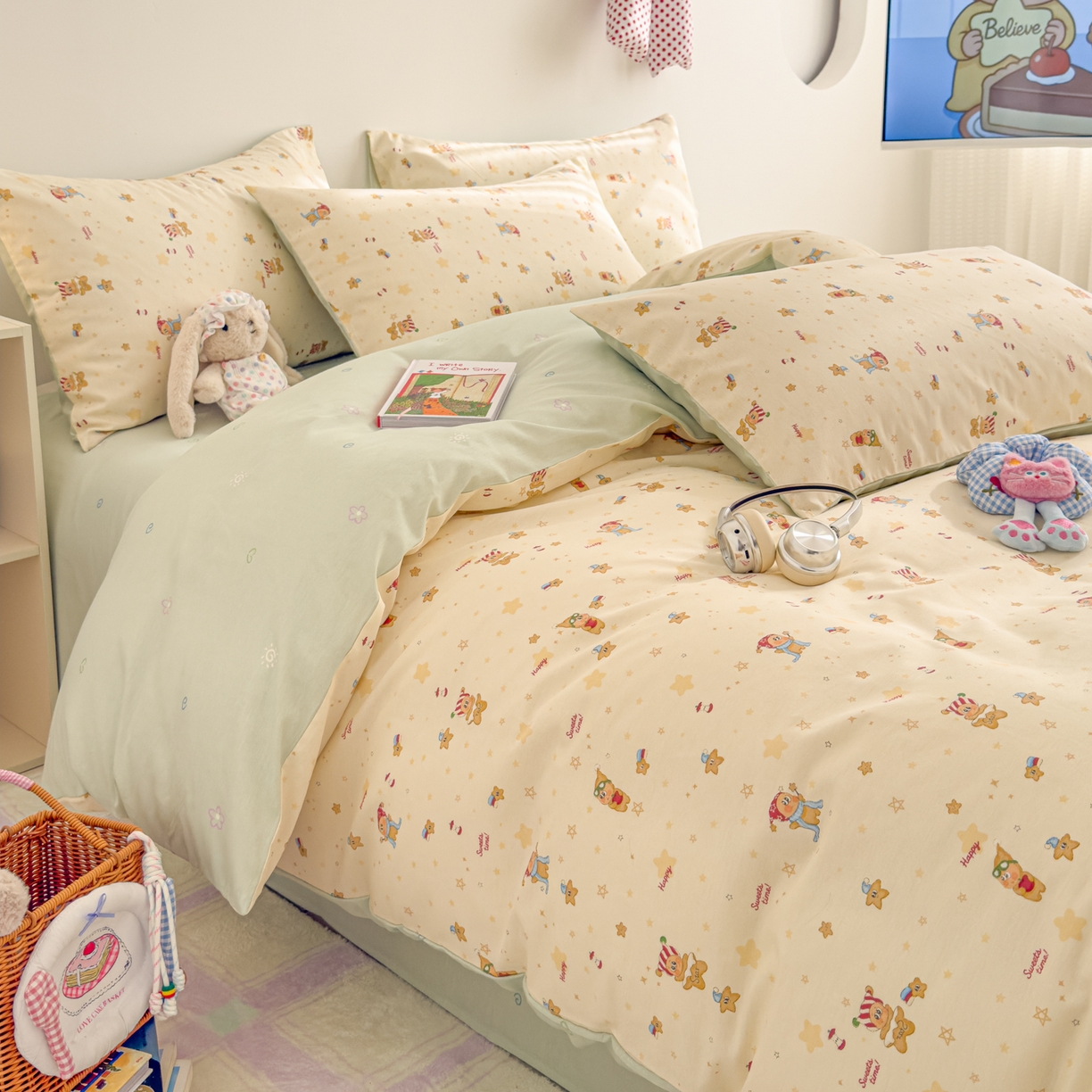 91家纺网 家纺一手货源 找家纺 沐辰 2026新款13070全棉纯棉印花四件套-萌趣 好梦星星