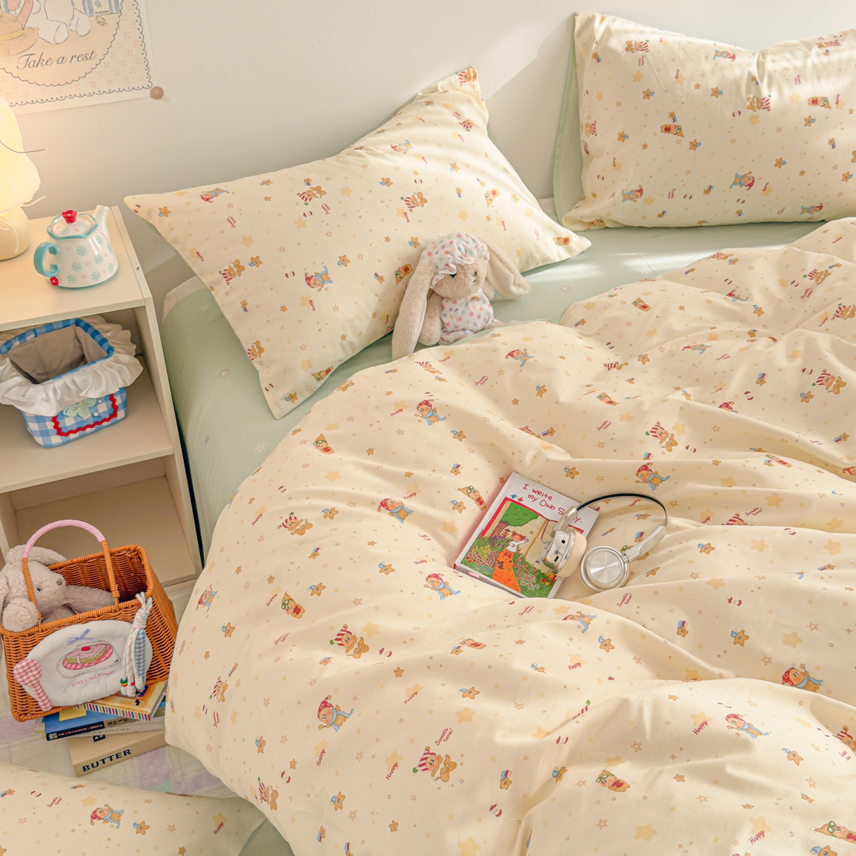 91家纺网 家纺一手货源 找家纺 沐辰 2026新款13070全棉纯棉印花四件套-萌趣 好梦星星