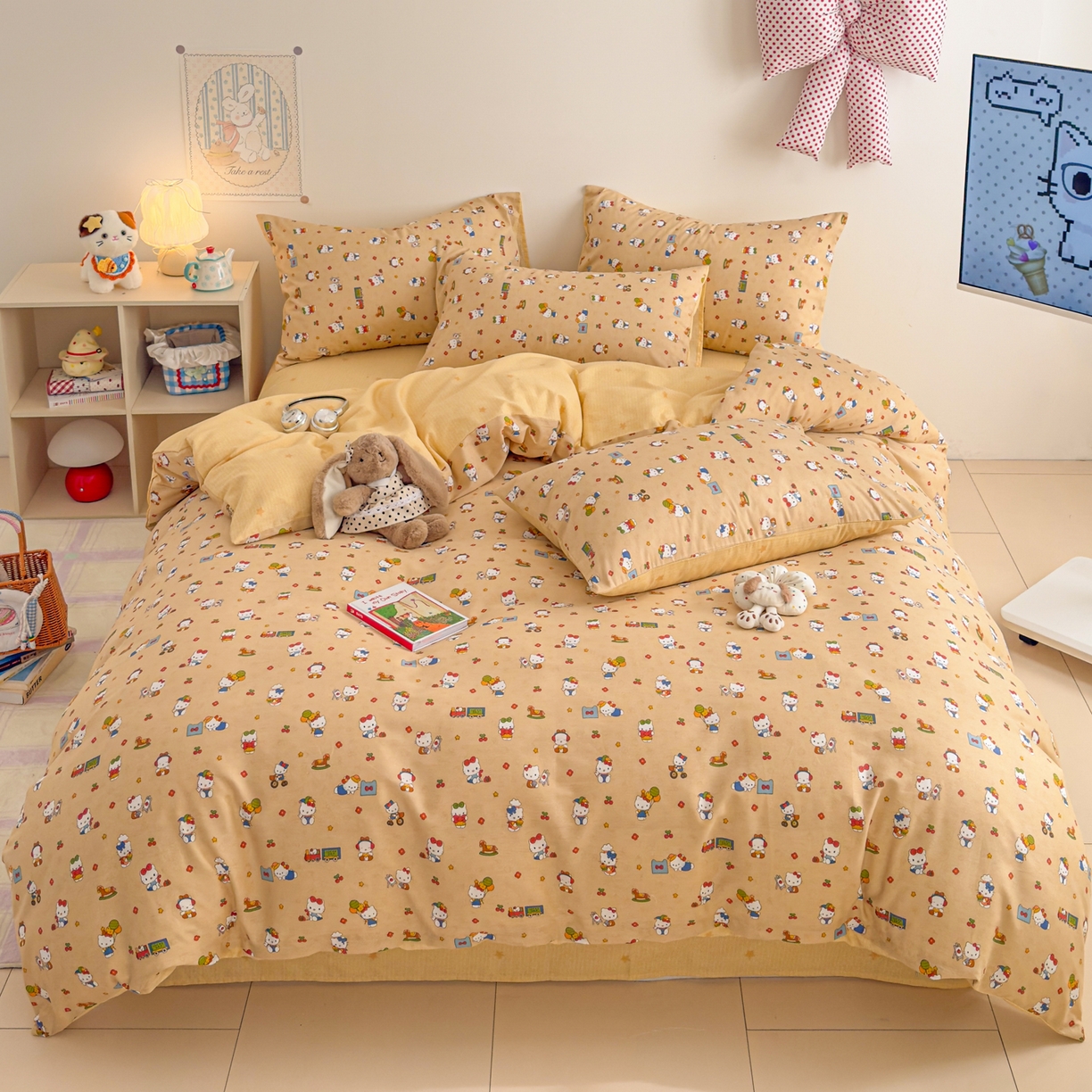 91家纺网 家纺一手货源 找家纺 沐辰 2026新款13070全棉纯棉印花四件套-萌趣 假日猫咪