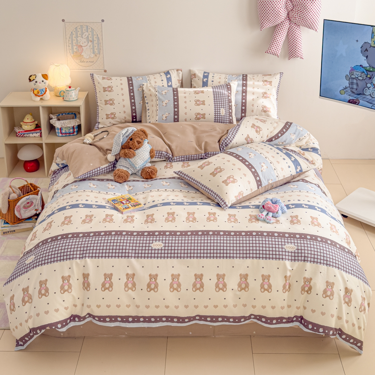 91家纺网 家纺一手货源 找家纺 沐辰 2026新款13070全棉纯棉印花四件套-萌趣 开心马