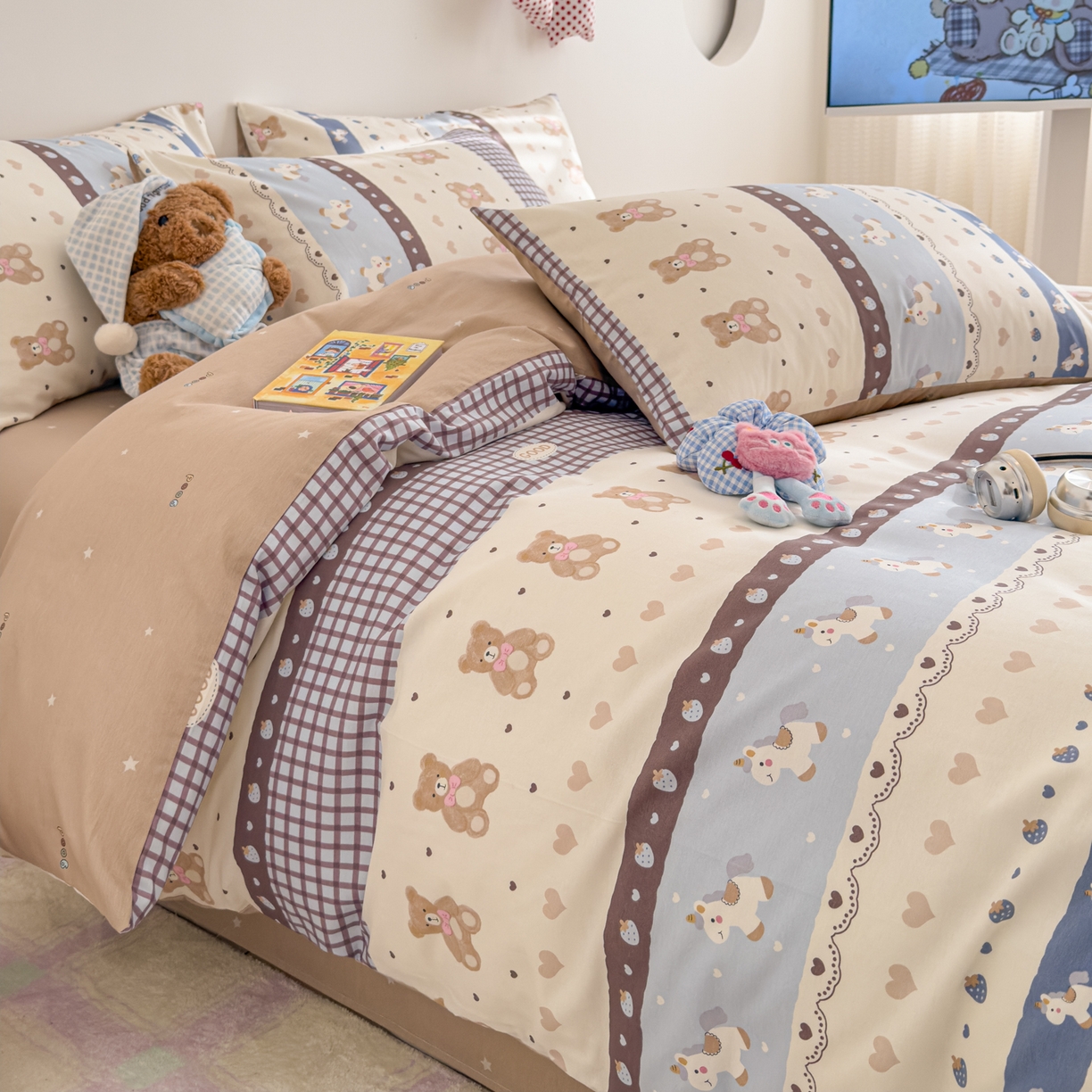 91家纺网 家纺一手货源 找家纺 沐辰 2026新款13070全棉纯棉印花四件套-萌趣 开心马