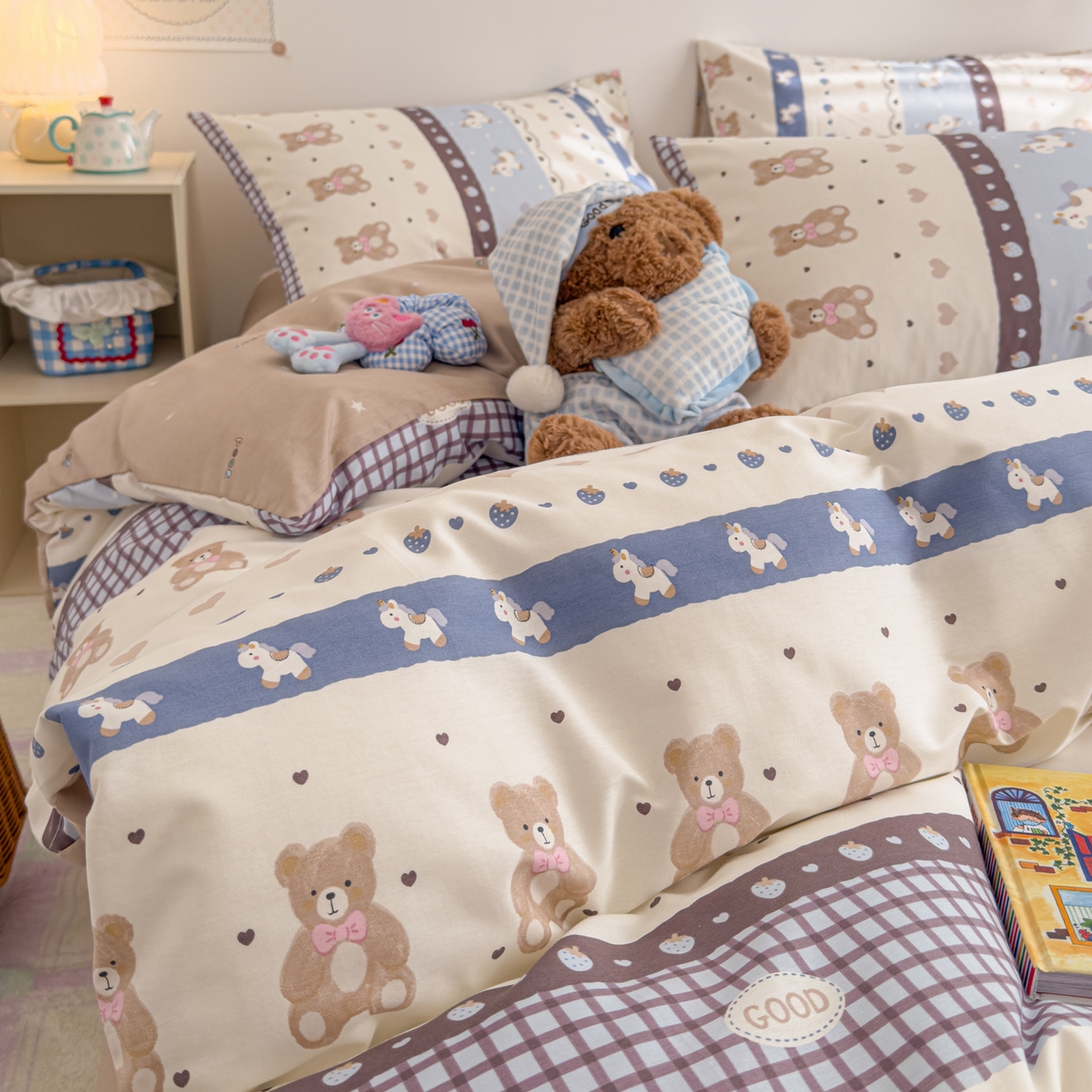 91家纺网 家纺一手货源 找家纺 沐辰 2026新款13070全棉纯棉印花四件套-萌趣 开心马