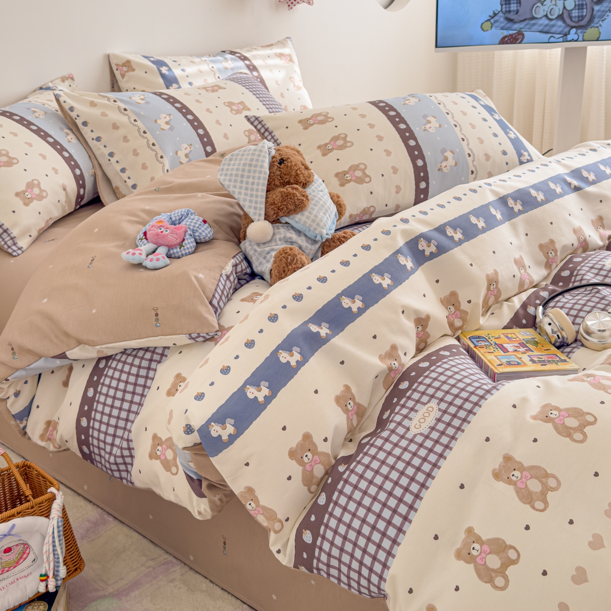 91家纺网 家纺一手货源 找家纺 沐辰 2026新款13070全棉纯棉印花四件套-萌趣 开心马