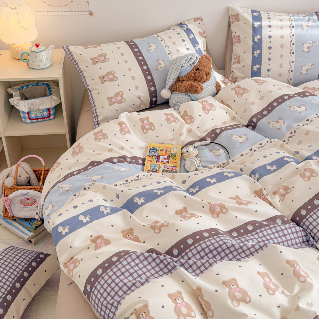 91家纺网 家纺一手货源 找家纺 沐辰 2026新款13070全棉纯棉印花四件套-萌趣 开心马