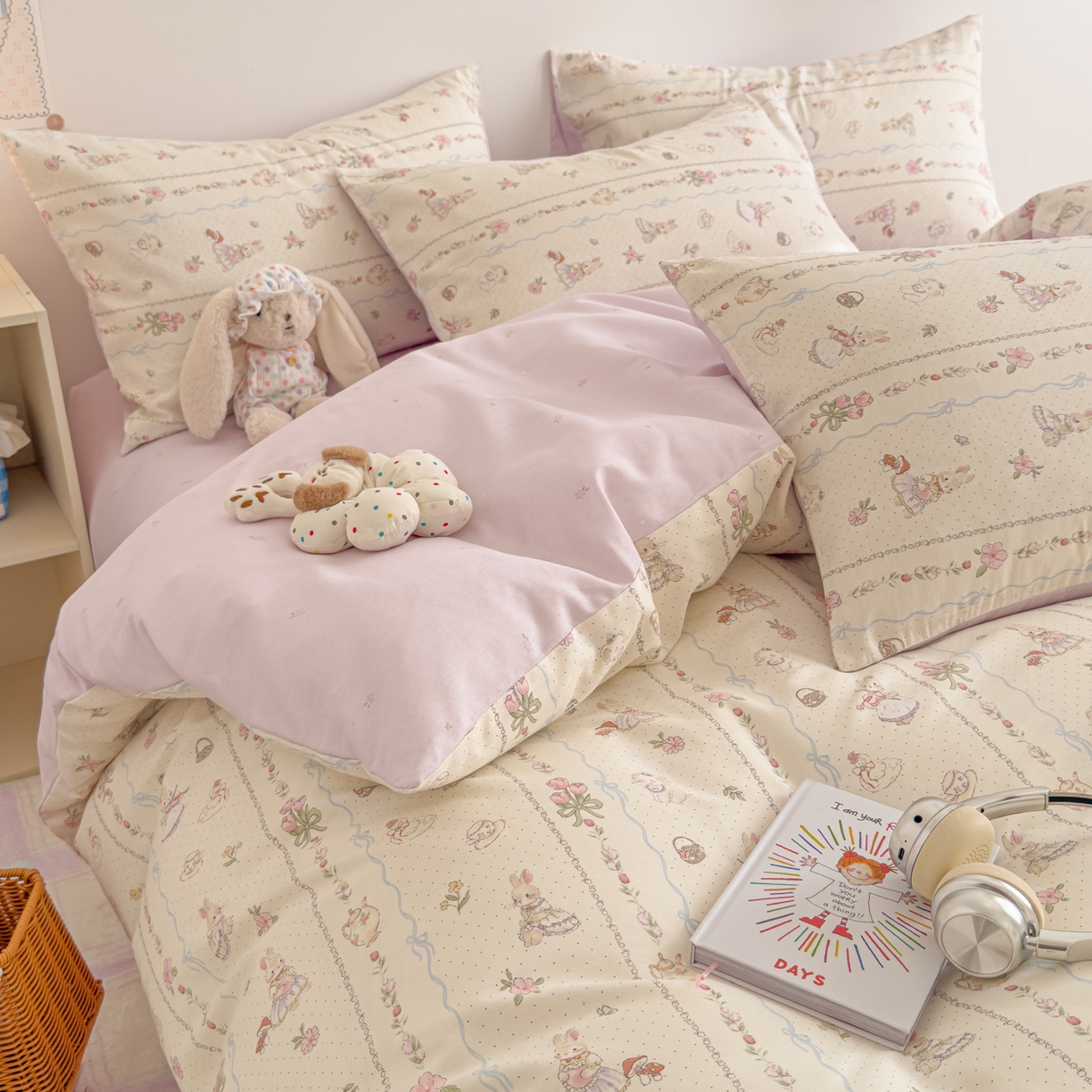 91家纺网 家纺一手货源 找家纺 沐辰 2026新款13070全棉纯棉印花四件套-萌趣 小提琴兔兔