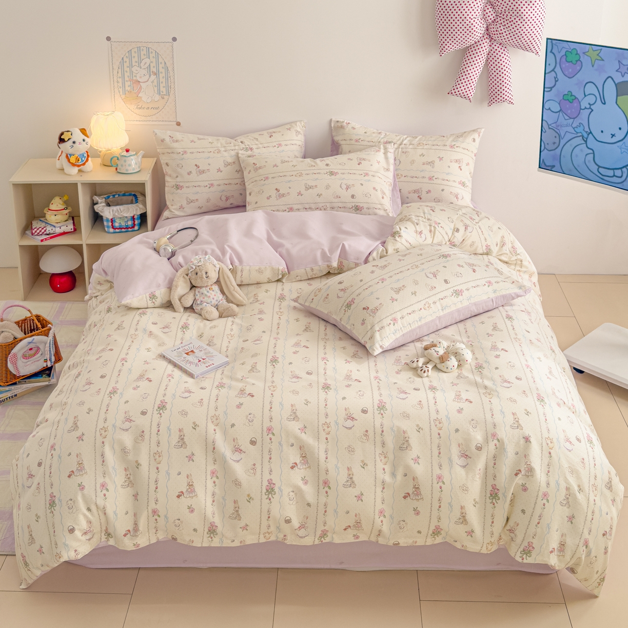 91家纺网 家纺一手货源 找家纺 沐辰 2026新款13070全棉纯棉印花四件套-萌趣 小提琴兔兔