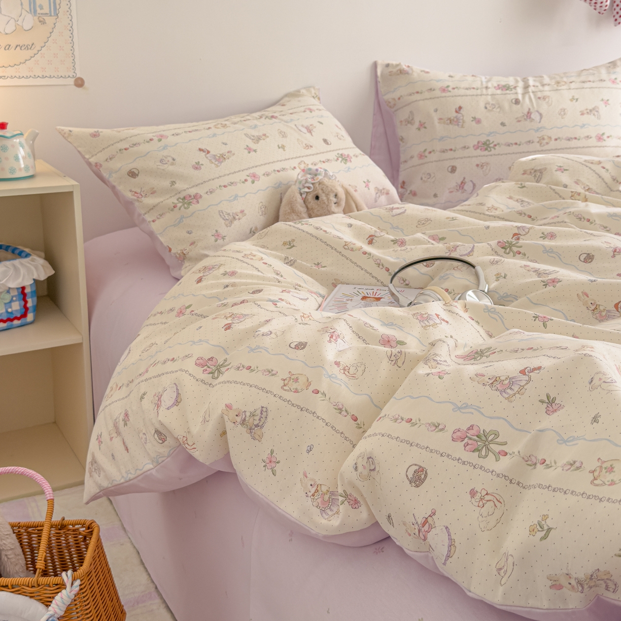 91家纺网 家纺一手货源 找家纺 沐辰 2026新款13070全棉纯棉印花四件套-萌趣 小提琴兔兔