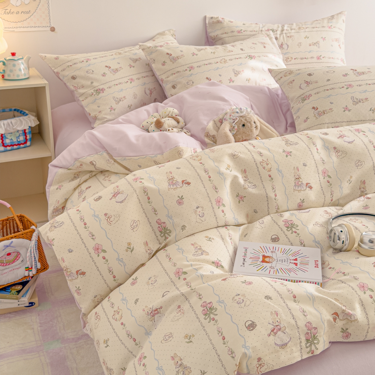 91家纺网 家纺一手货源 找家纺 沐辰 2026新款13070全棉纯棉印花四件套-萌趣 小提琴兔兔