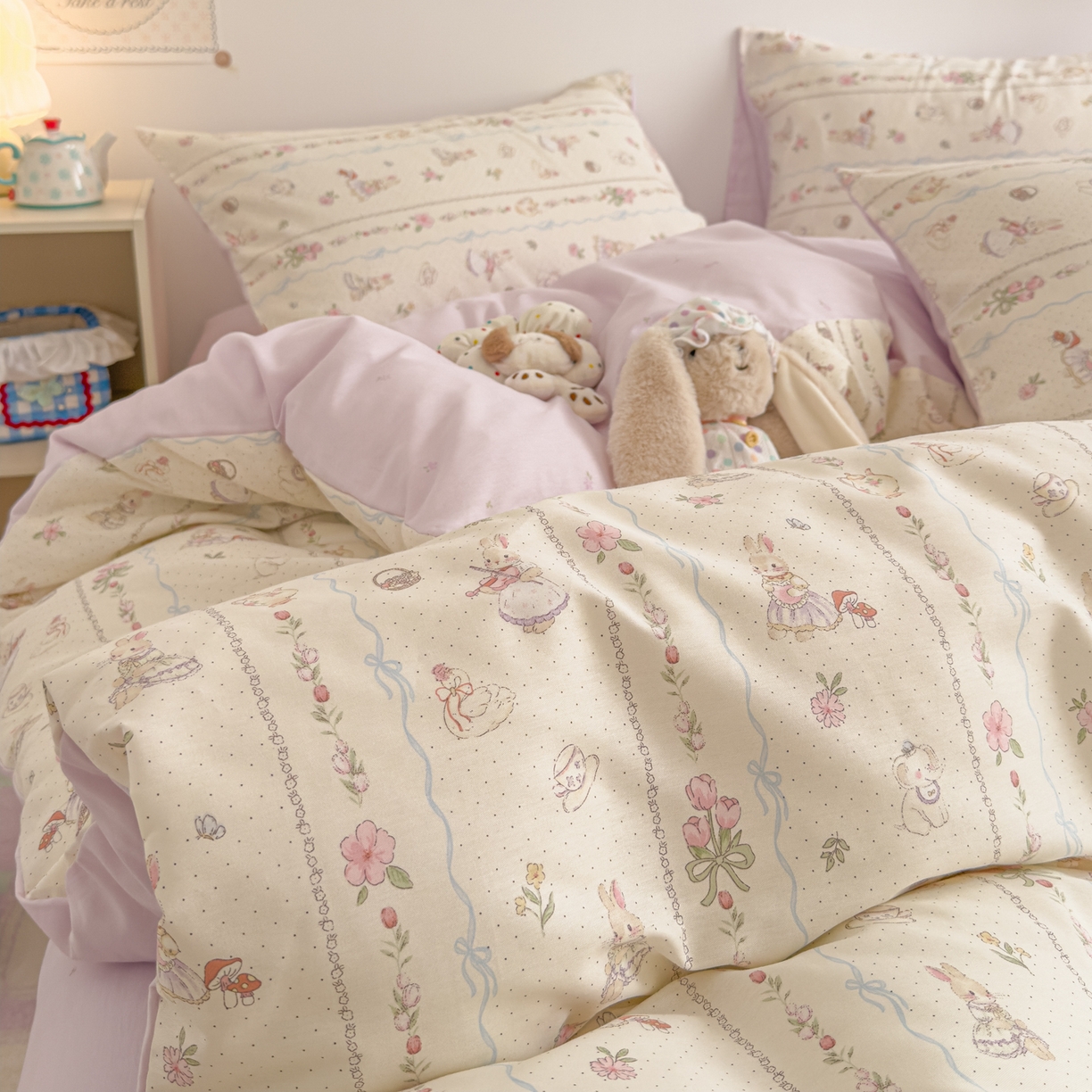 91家纺网 家纺一手货源 找家纺 沐辰 2026新款13070全棉纯棉印花四件套-萌趣 小提琴兔兔