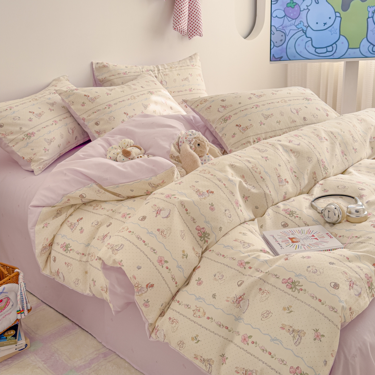 91家纺网 家纺一手货源 找家纺 沐辰 2026新款13070全棉纯棉印花四件套-萌趣 小提琴兔兔