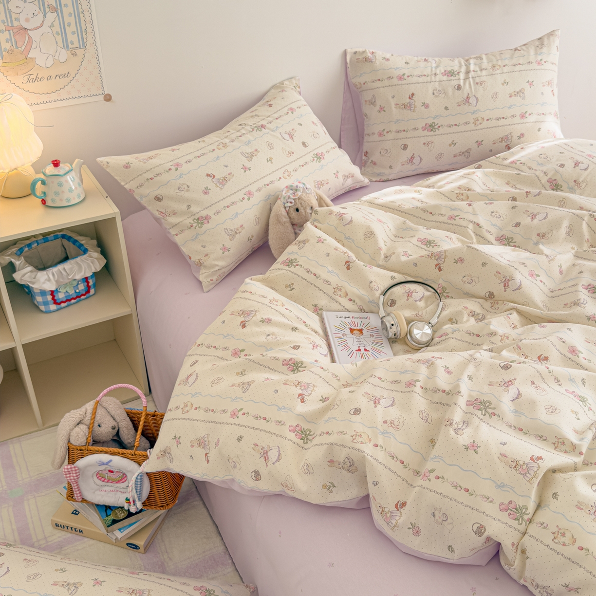 91家纺网 家纺一手货源 找家纺 沐辰 2026新款13070全棉纯棉印花四件套-萌趣 小提琴兔兔