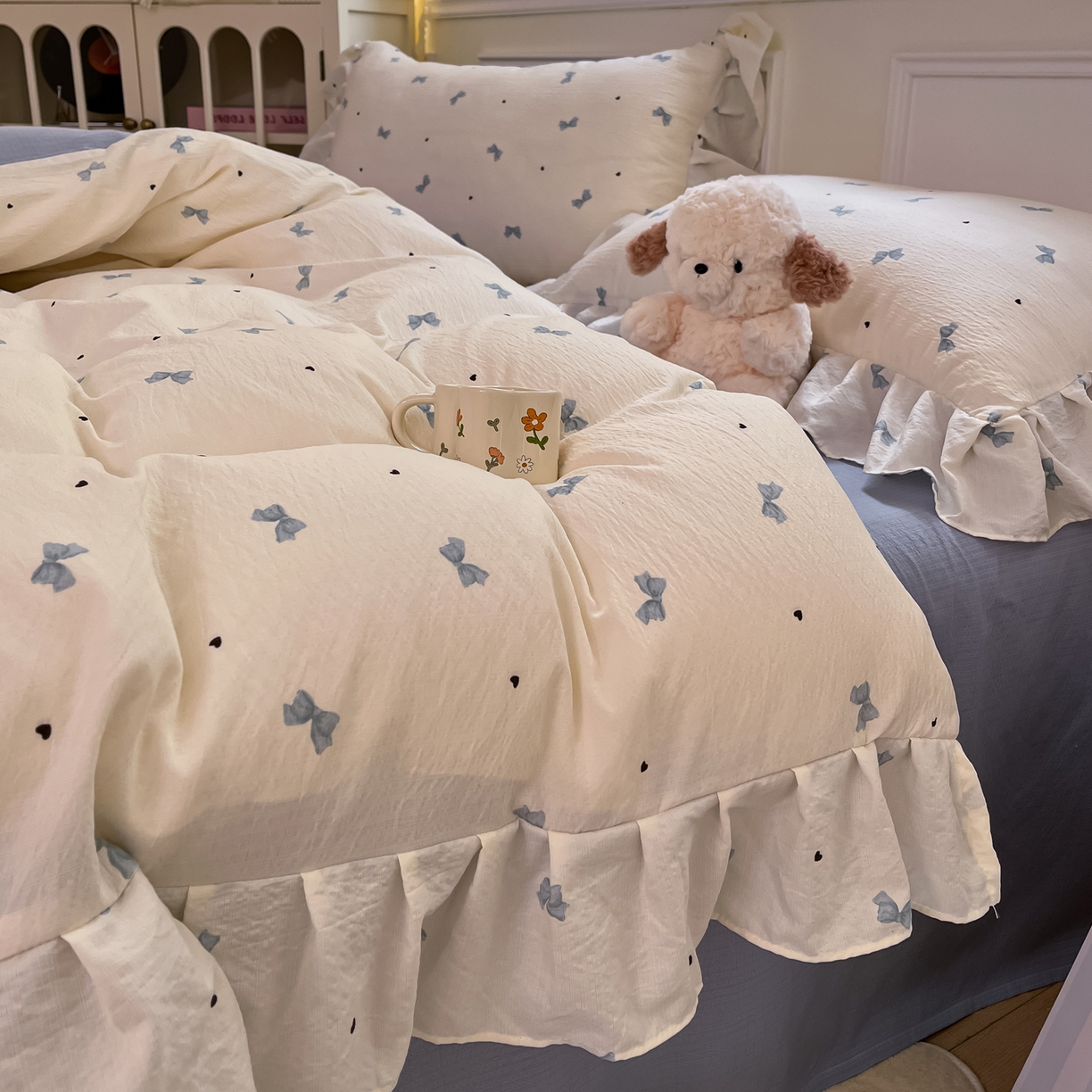 91家纺网 家纺一手货源 找家纺 （总）摩妮卡 2026新款泡泡纱韩版印花花边四件套