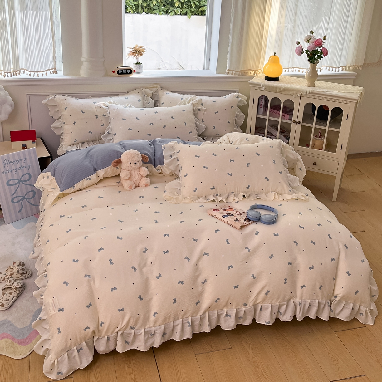 91家纺网 家纺一手货源 找家纺 （总）摩妮卡 2026新款泡泡纱韩版印花花边四件套