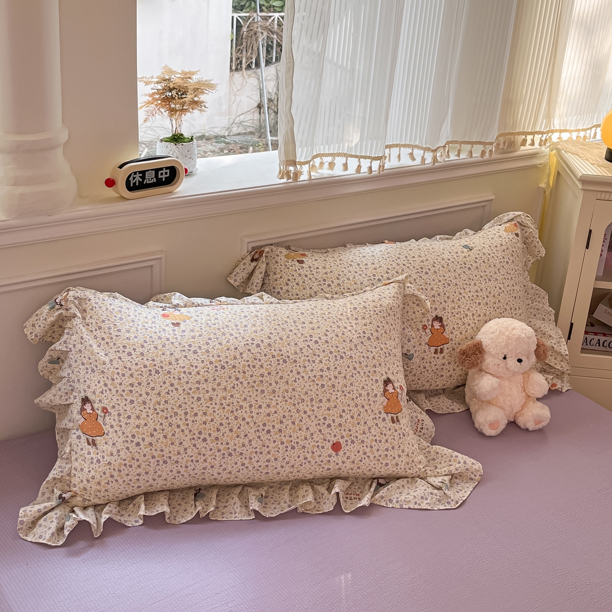 91家纺网 家纺一手货源 找家纺 摩妮卡 2026新款泡泡纱韩版印花花边四件套 玫果少女