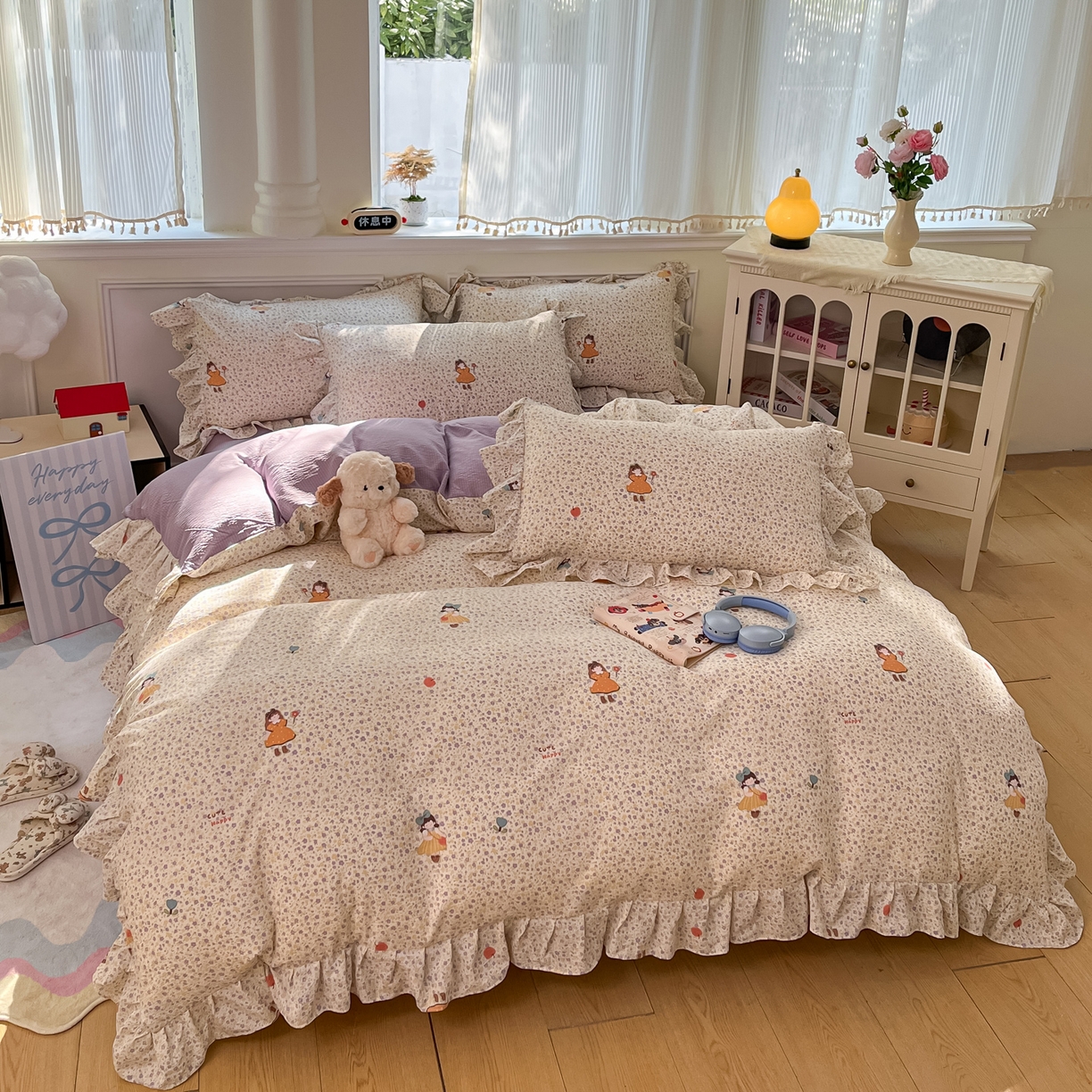 91家纺网 家纺一手货源 找家纺 摩妮卡 2026新款泡泡纱韩版印花花边四件套 玫果少女