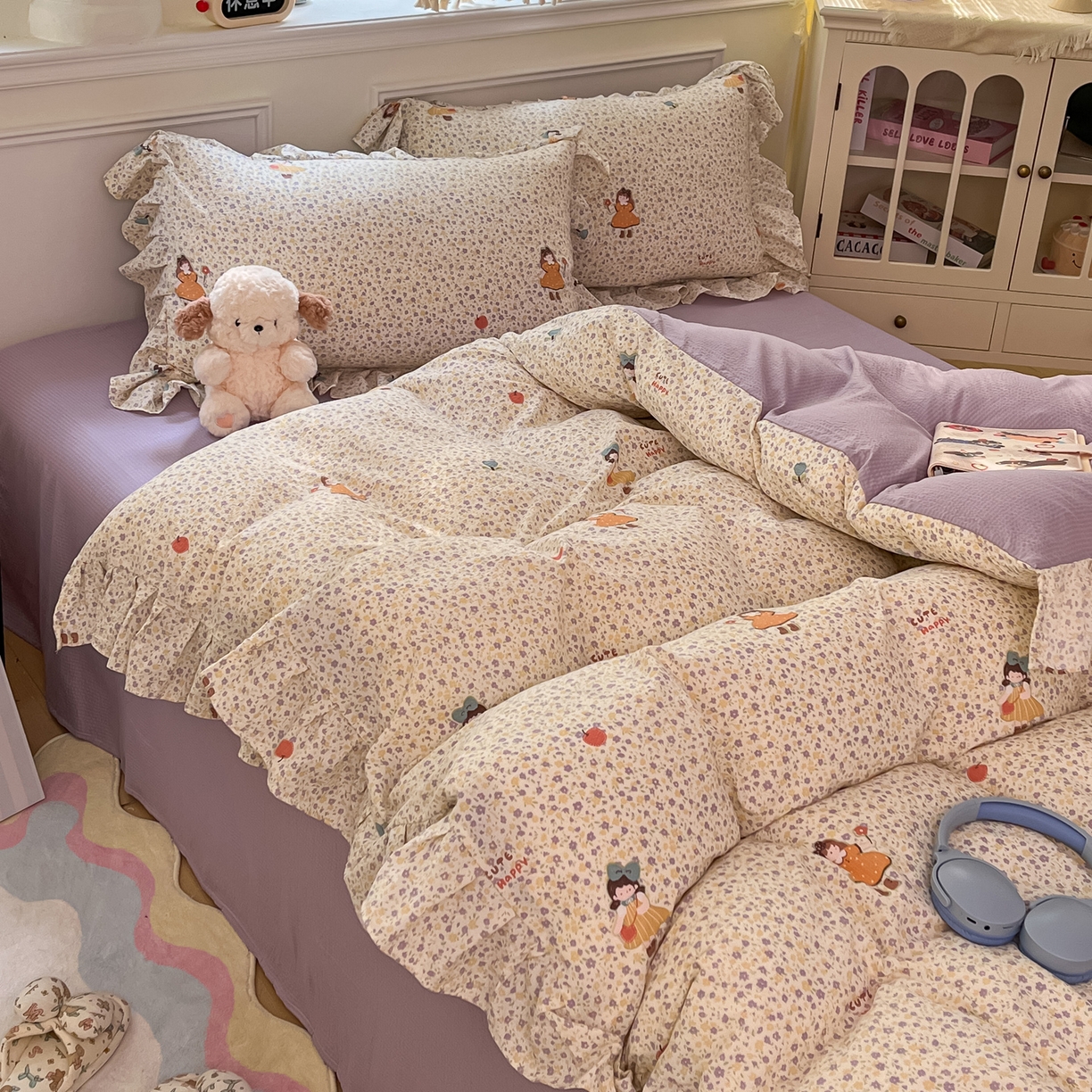 91家纺网 家纺一手货源 找家纺 摩妮卡 2026新款泡泡纱韩版印花花边四件套 玫果少女